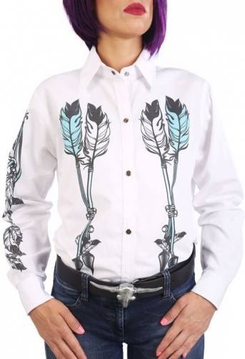 Chemise de Danse Country blanche "motif indien bleu" à personnaliser