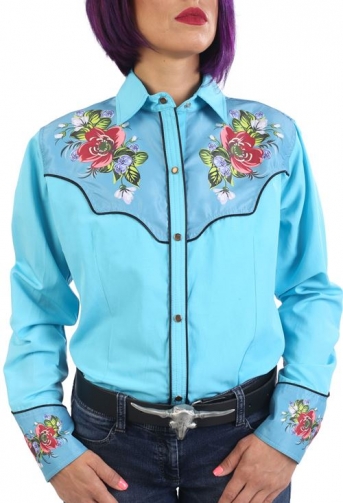 Chemise de Danse Country turquoise "motif floral" à personnaliser