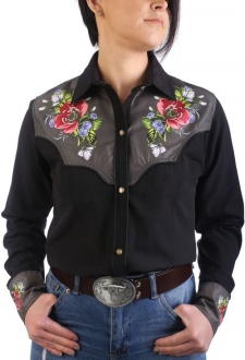 Chemise de Danse Country noire "motif floral" à personnaliser